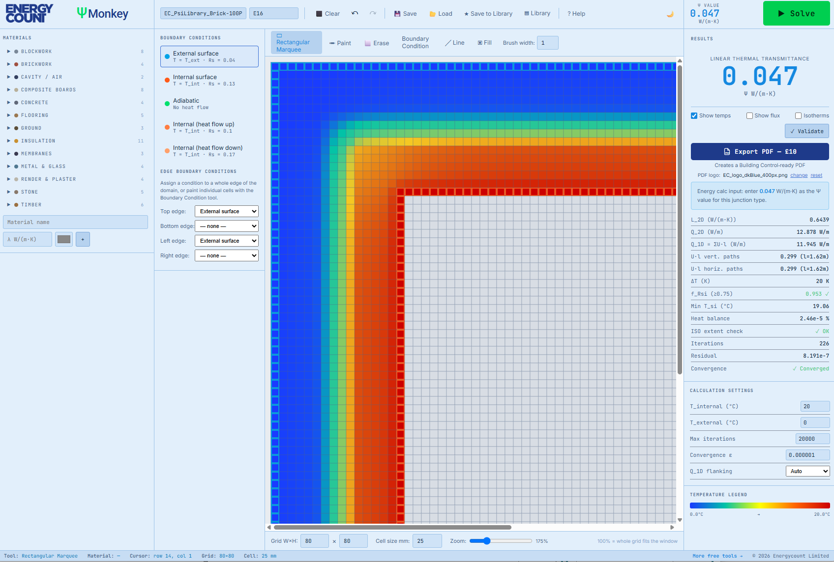 PSIMonkey psi value calculator: a wall-floor junction painted on the modelling grid, with the solved psi-value and f_Rsi temperature factor shown in the results panel