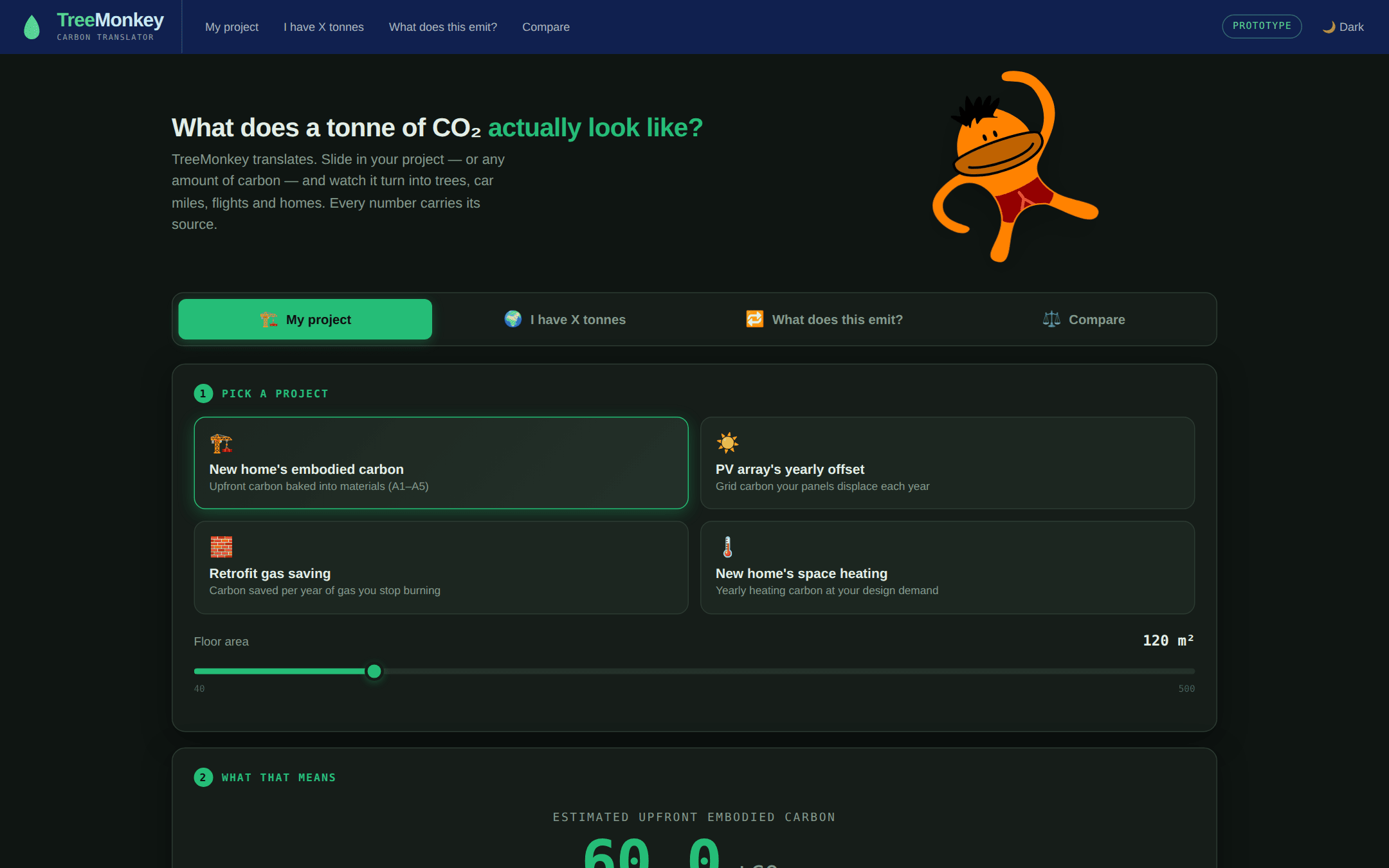 TreeMonkey carbon translator: a new home's embodied carbon shown as tonnes of CO₂ and a forest of trees, with equivalent car miles, flights and homes
