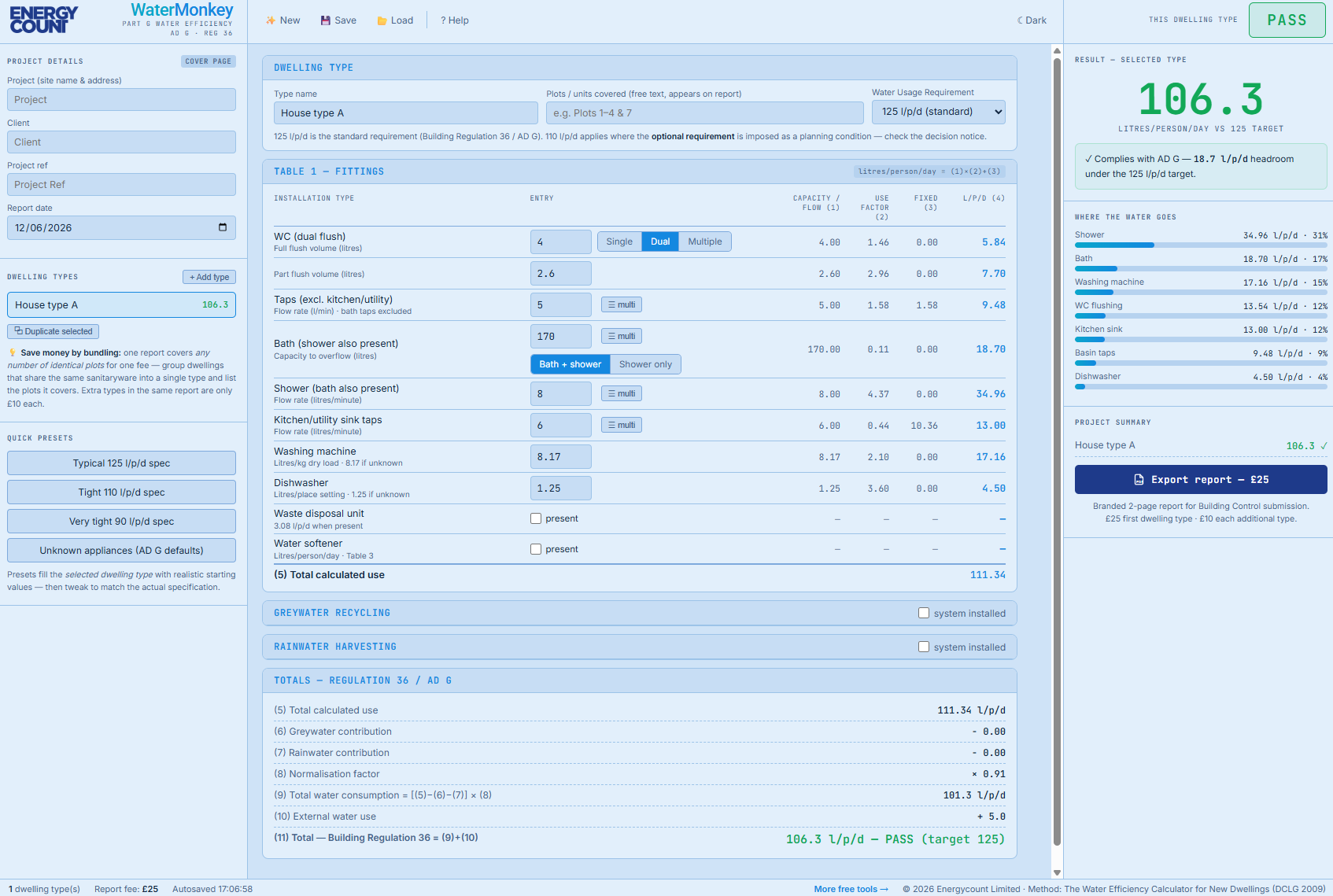 WaterMonkey Part G water calculator: fittings entered for a dwelling type with the live litres-per-person-per-day breakdown and PASS result against the 125 l/p/d target