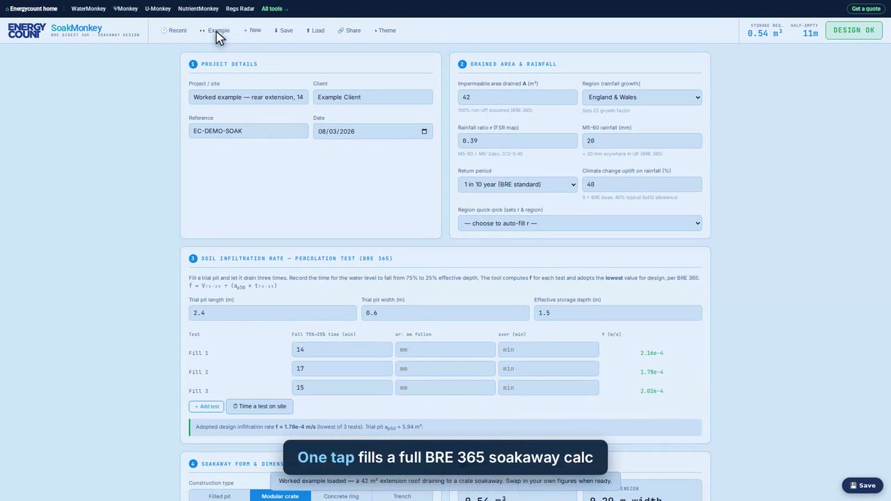 Frame from the SoakMonkey demo: the worked example loaded, with the percolation test and rainfall panels filled in and the result bar reading 0.54 cubic metres storage, DESIGN OK