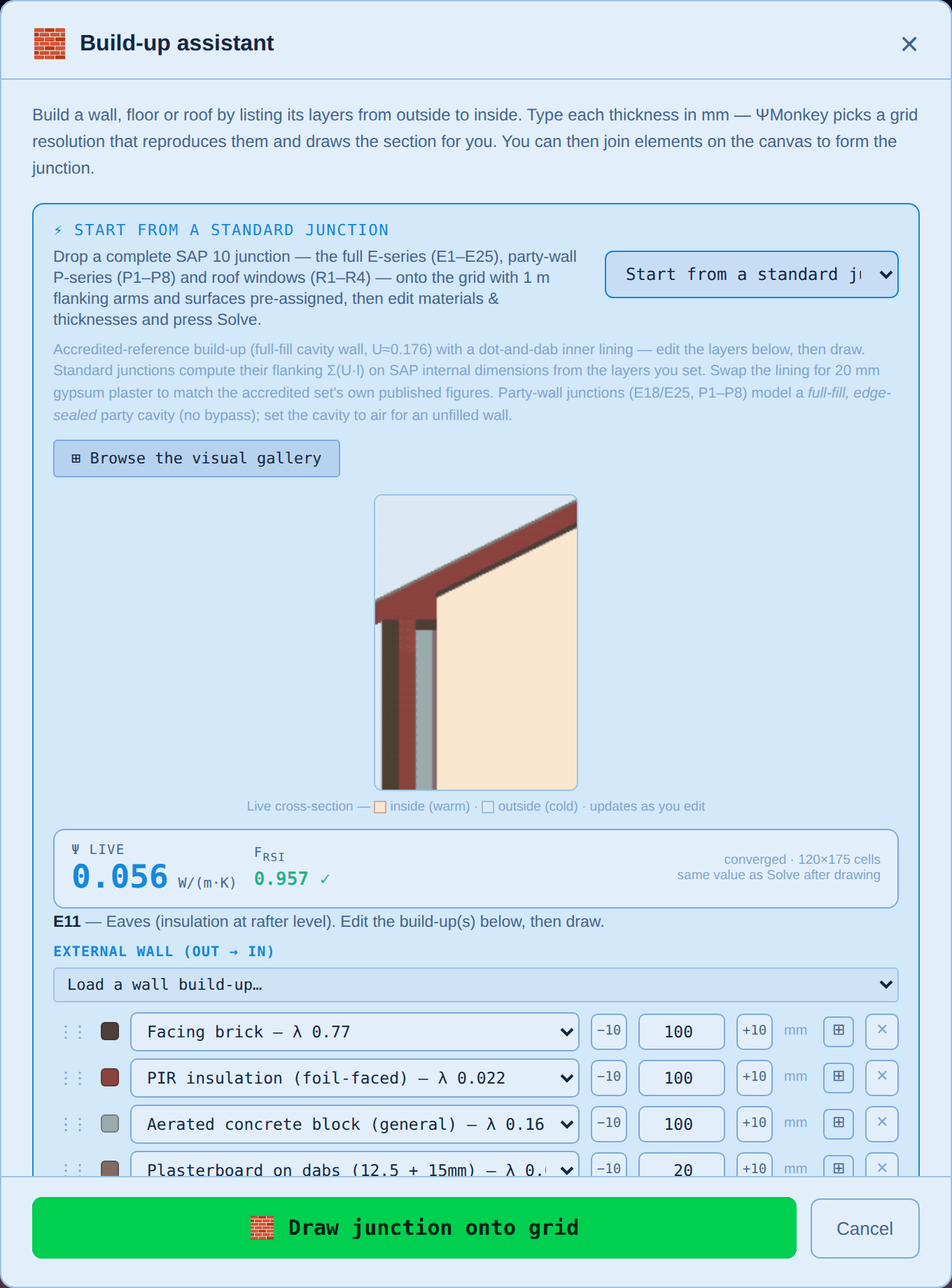 The Build-up assistant showing a junction with editable layers, a live cross-section preview and a live psi value