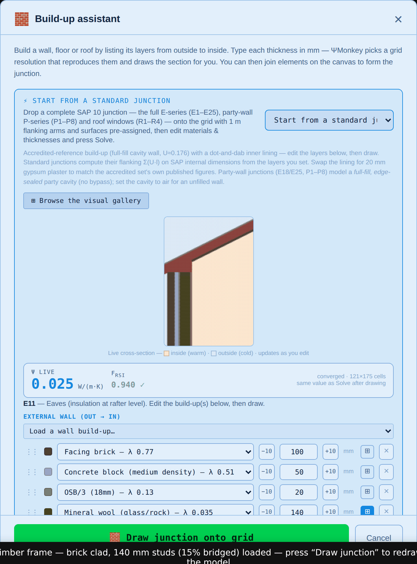 The Build-up assistant with a timber-frame wall preset loaded: brick, cavity, sheathing, a stud zone marked as bridged 15% by structural timber, and a lining