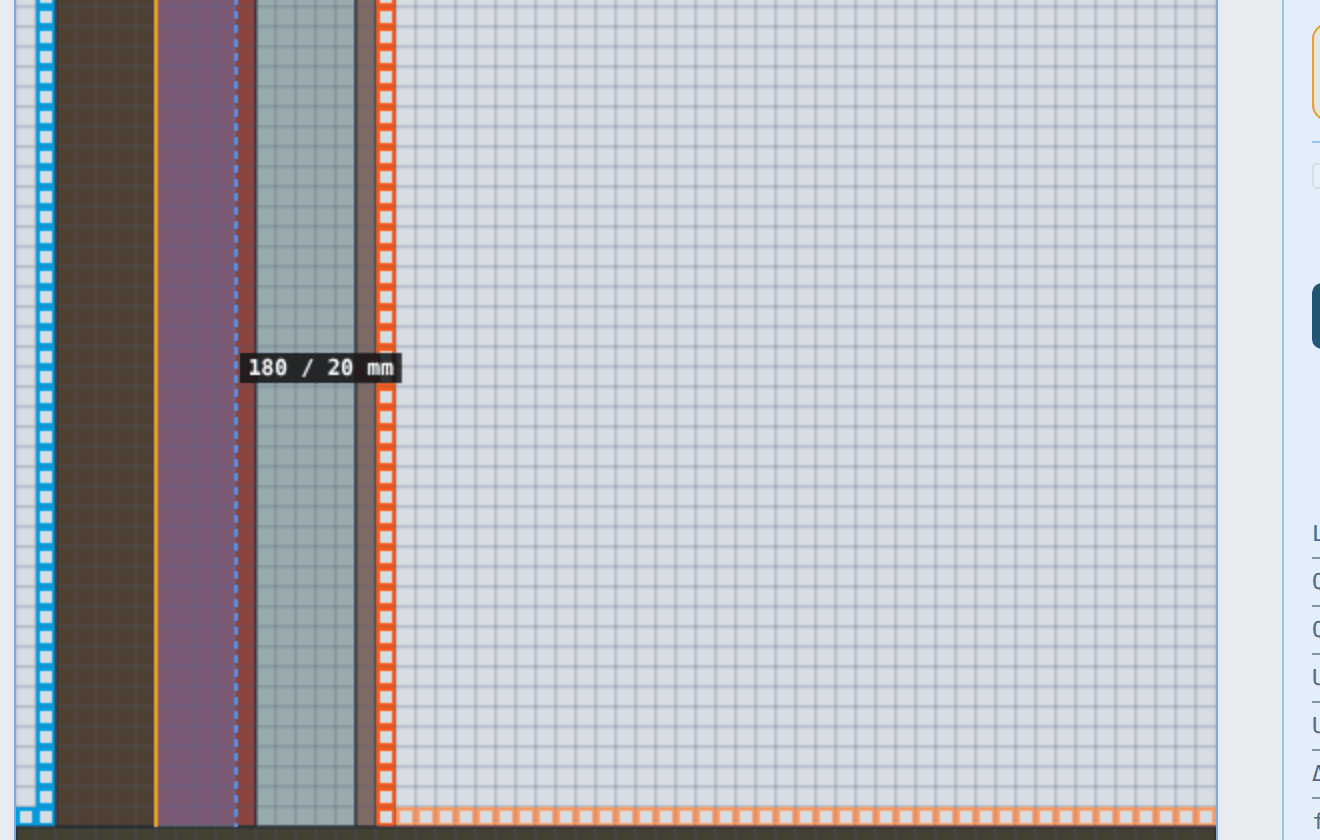 A wall section mid-drag: the original interface marked in amber, the band of cells about to change hands shaded blue, the new interface as a dashed line, and a label reading 180 / 20 mm