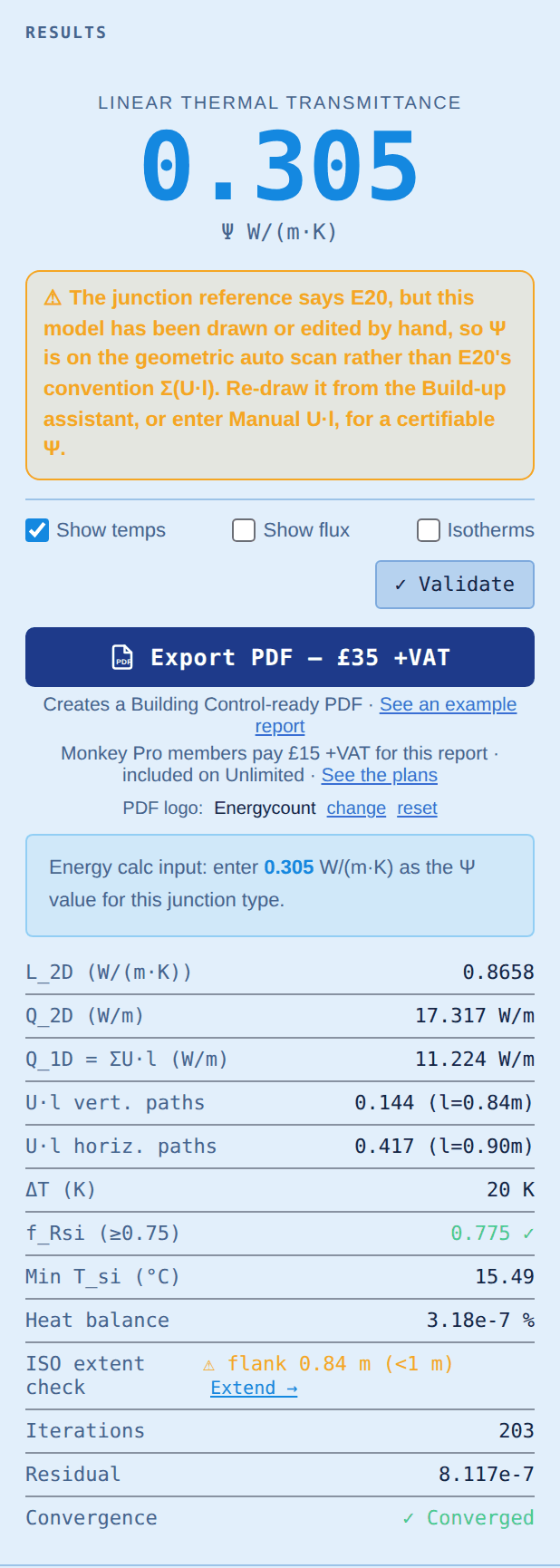 The results panel with an amber note explaining that the model has been hand-edited so psi is on the geometric auto scan rather than the junction's convention