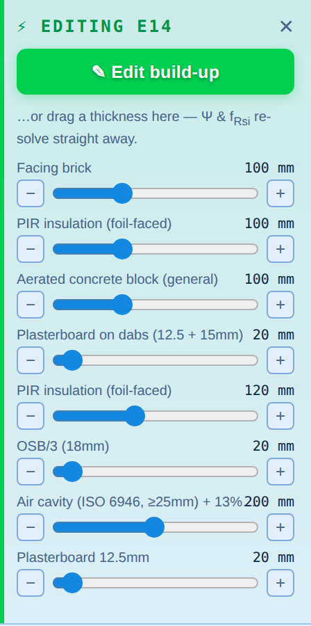 The editing panel with one slider per layer, each with minus and plus buttons for 1mm adjustments